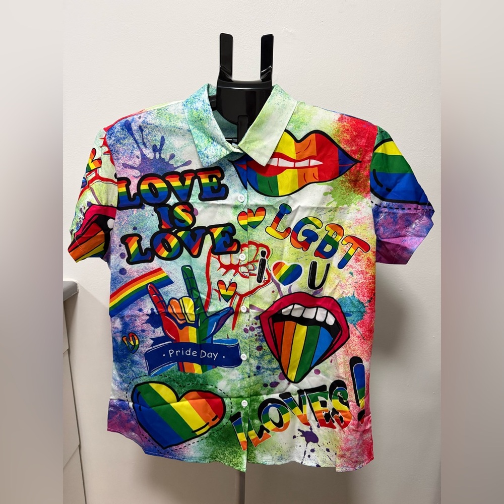 Women’s Pride Rainbow Button Down Shirt NWT LGBTQ Graphic Top